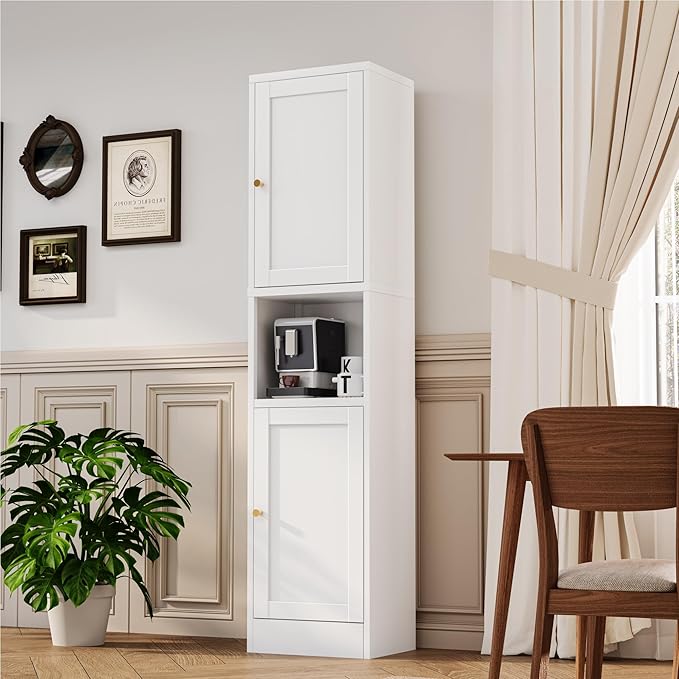 2-Door Metal Storage Cabinet, Tall Slim Pantry Organizer with 3 Adjustable Shelves (120LBS/Shelf), Anti-Tipping Waterproof Cabinet for Bathroom/Kitchen/Home Office/Small Spaces, (1PC,White)