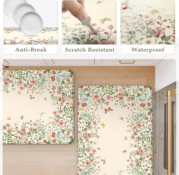 KIMODE Anti Fatigue Kitchen Mats for Floor 2 Piece, Beige Farmhouse Kitchen Rugs Sets of 2, Non Slip Waterproof Kitchen Floor Mats, Standing Mats for Laundry Office Sink Desk 20"x59"+20"x32"