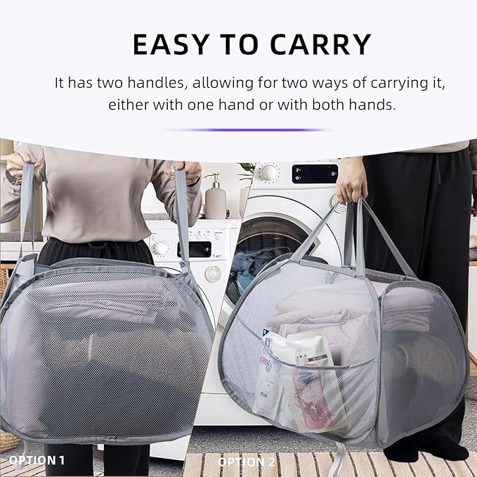 Collapsible Laundry Basket 90L, Foldable Mesh Pop-up Laundry Hamper with Handles, Dirty Clothes Hamper for Laundry with Side Storage Pocket (White)