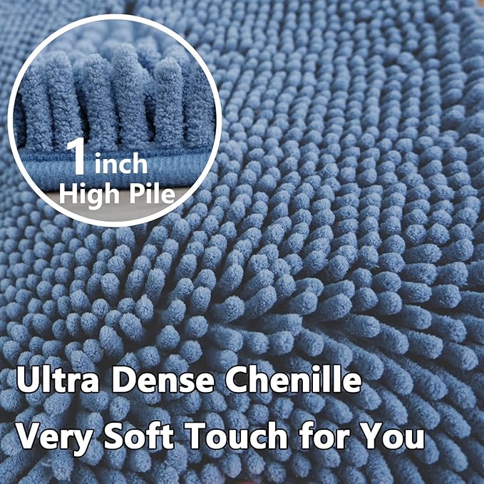 BOANKODU Bath Rug Sets 2-Piece, Soft Chenille Bath Mat - U-shape (32x20 + 20x20 Inch) for Bathrooms, Non-Slip, Machine Washable (Deep Blue)
