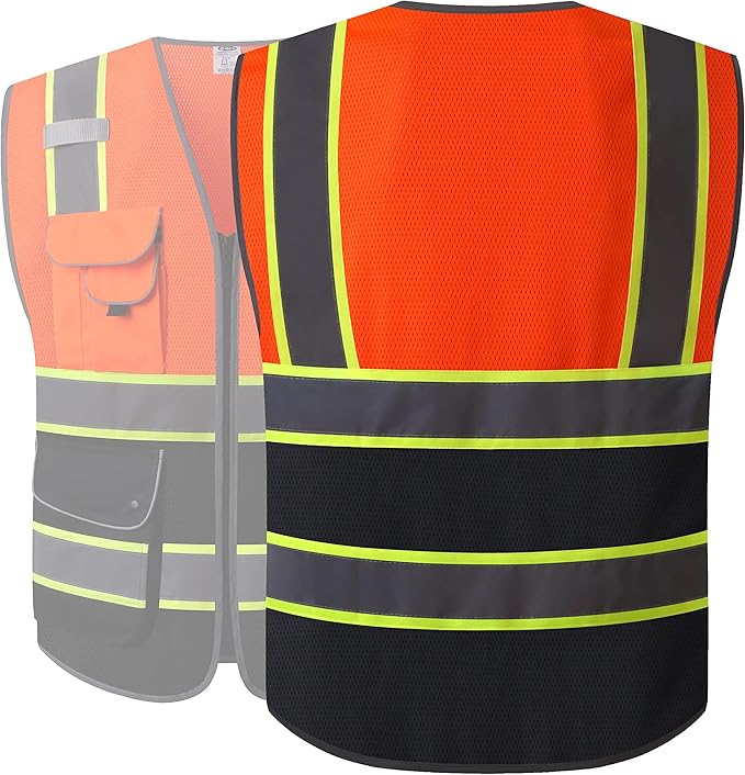 JKSafety 9 Pockets Hi-Vis Fluorescent Color Mesh Reflective Safety Vest for Men Women | Chaleco de seguridad para hombres y mujeres (100-Orange-Black 4XL)