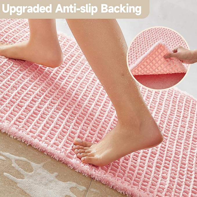 Light Peachy Pink Long Bathroom Rugs, Waffle Runner Rug Bathroom Non Slip Washable Quick Dry Cute Bath Mat Boho Farmhouse Bath Mat, 72"x24" Light Peachy Pink