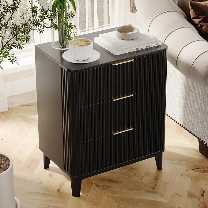 23.6" Mid Century Modern Night Stand with 3 Drawers, Large 3 Drawers Bedside Table with Quiet Drawers & Metal Handles, Fluted 3-Drawer Dresser Rustic Wood 3 Drawer Storage End Table Bedroom Black