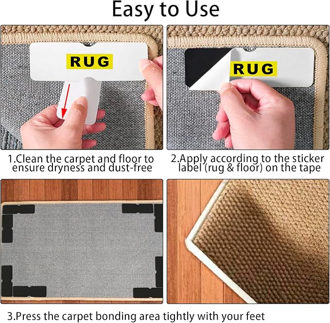 Rug Pad Grippers for Hardwood Floors & Tiles - No Damage Washable & Reusable, Double-Sided Non Slip Strong Adhesive Rug Pads Keep Corners Flat (24)