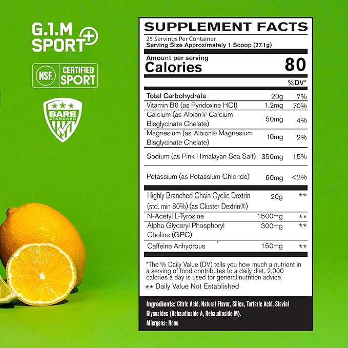 BARE PERFORMANCE NUTRITION G.1.M Sport+ Endurance Pre-Workout – Lemon Lime | 25 Servings | 20g Carbs, 350mg Sodium, 150mg Caffeine | Electrolytes, Nootropics & Cluster Dextrin® for Energy & Focus