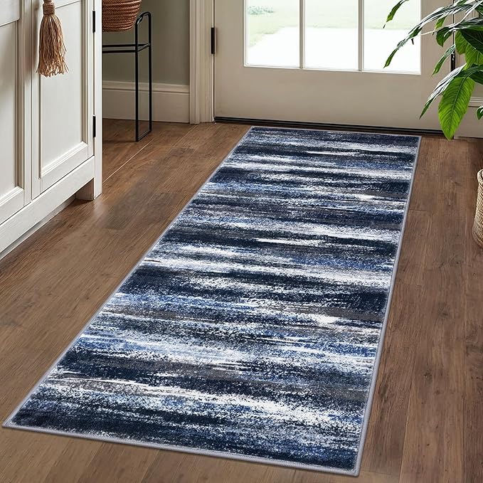 Modern Abstract Runner Rug 2x5, Navy Blue Washable Entryway Kitchen Runner Non-Slip Soft Hallway Rug Runner Thin Print Faux Wool Carpet for Bedroom Laundry Room Indoor