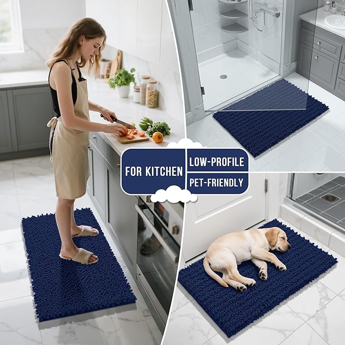 Yimobra Bathroom Rugs Non Slip Washable - Ultra Soft Absorbent Chenille Bath Mat, Quick Dry Shaggy Floor Carpet for Tub Shower, Navy Blue Home Decor Accessories, 24x17 Inch