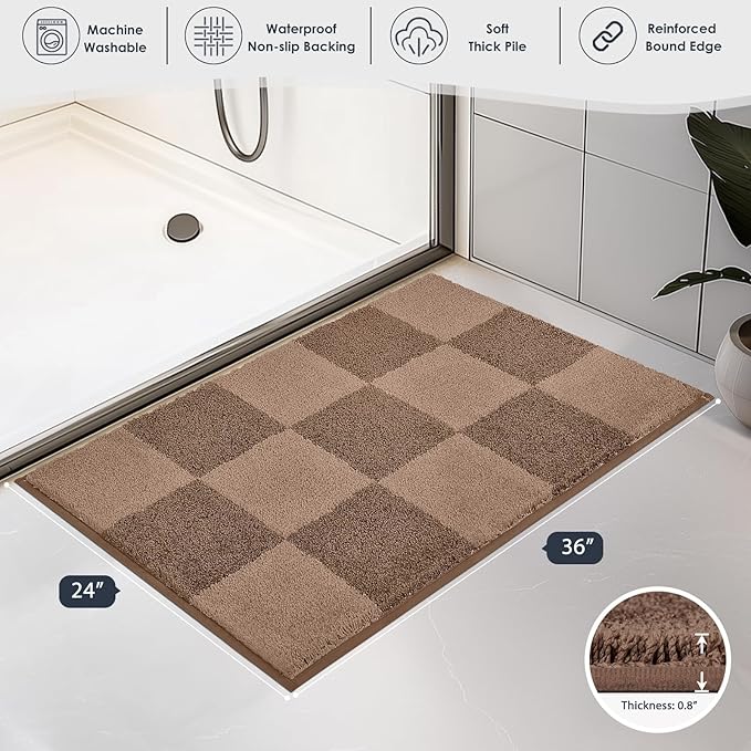 PURRUGS Bathroom Rug Non-Slip Machine Washable 24" x 36", Super Absorbent and Quick-Dry Bath Mat, Extra Soft and Plush Bath Rug for Shower, Bathtub and Sink, Grayish Brown & Coffee