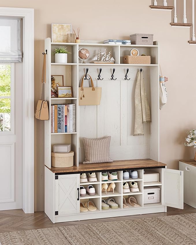 47.2" Hall Tree, LED Farmhouse Entryway Storage and Coat Rack Wood, Entryway Furniture with 7 Hooks, Hall Tree with Bench and Storage, 6 Storages Partitions Shoe Bench, Rustic White HT24614X