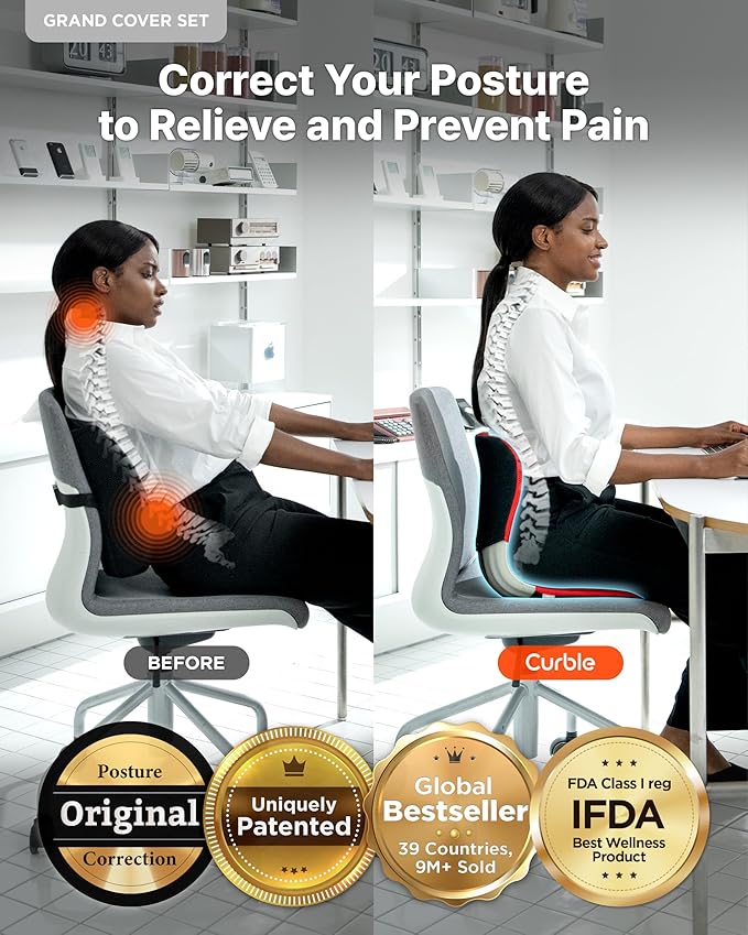 curble Grand(Extra Wide&Sturdy) Cover Set – Ergonomic Back Support Chair & Detachable Cover, Lumbar Support for Posture Corrector and Low Back Pain Relief, Perfect for Home Office Desk Chair(Set Red)