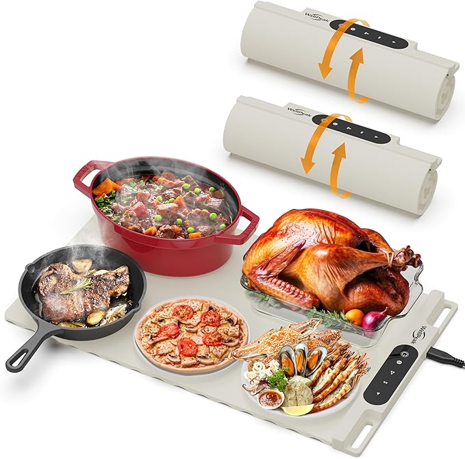 Electric Warming Mat for Food (2-Pack)-Full Surface Fast Heating Silicone Warmer Tray with 3-Level Temperature, Auto-Off, Raised Feet for Table Protection, for Gatherings, Parties,Home Buffet