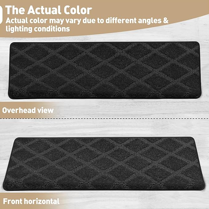 PURE ERA Bullnose Carpet Stair Treads Tape Free Non-Slip Indoor Stair Protectors Pet Friendly Stair Treads for Wooden Steps 9.5" x 30"(2 Pieces,Black Diamond Trellis)