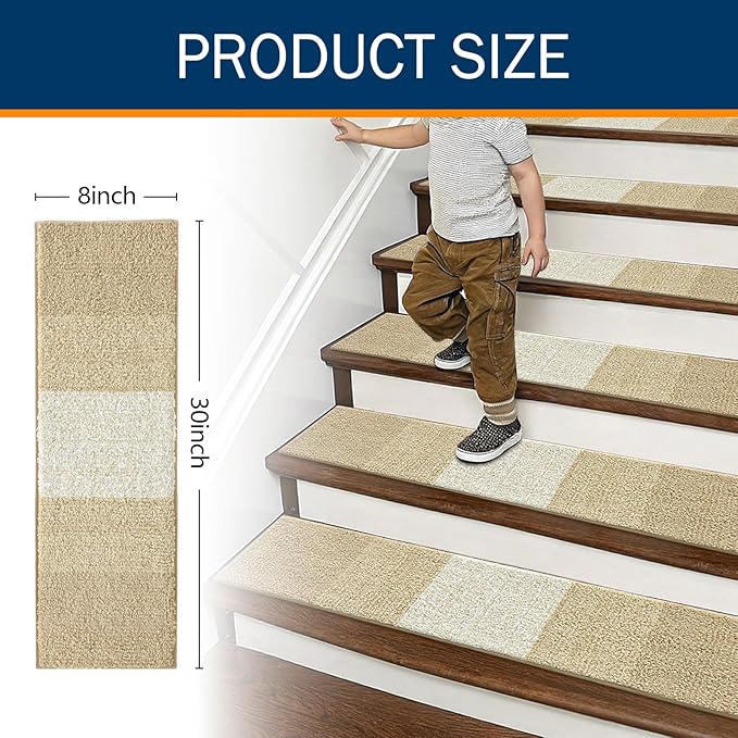 OLANLY Stair Treads Non Slip 15PCS, 8" x 30" Indoor Stair Runners for Wooden Steps, Edging Stair Rugs with Reusable Peel and Stick Adhesive for Kids Elders and Pets, Beige
