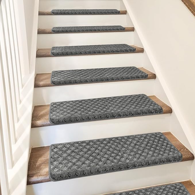 PURE ERA Bullnose Carpet Stair Treads Set Tape Free Non-Slip Indoor Stair Protectors Pet Friendly Rugs9.5" x 30"(7 Pieces,Grey Mini-Diamond Trellis)