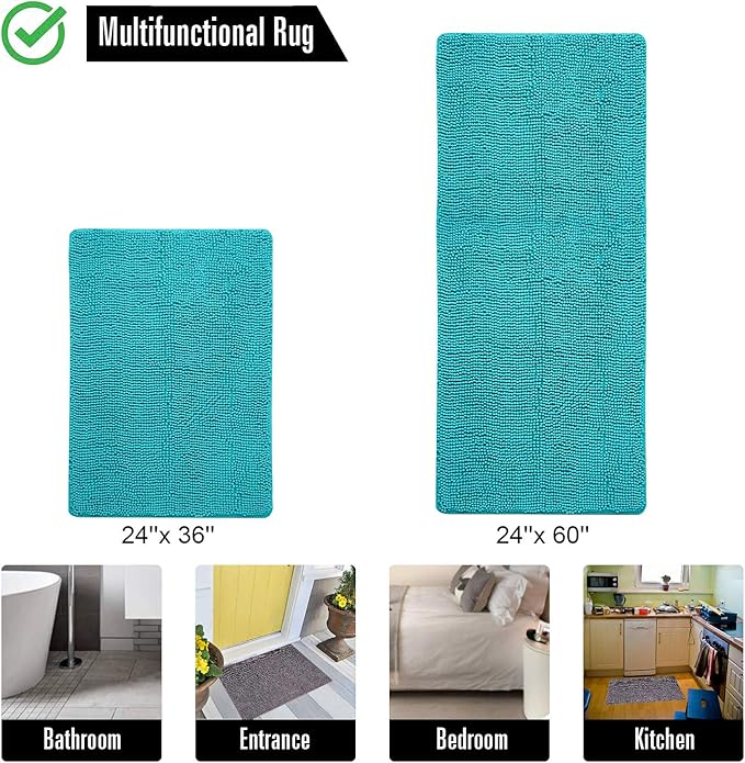 LOCHAS Luxury Bathroom Rug Shaggy Bath Mat 24 x 60 Inch, Washable Non Slip Bath Rugs for Bathroom Shower, Soft Plush Chenille Absorbent Carpets Mats, Teal Blue