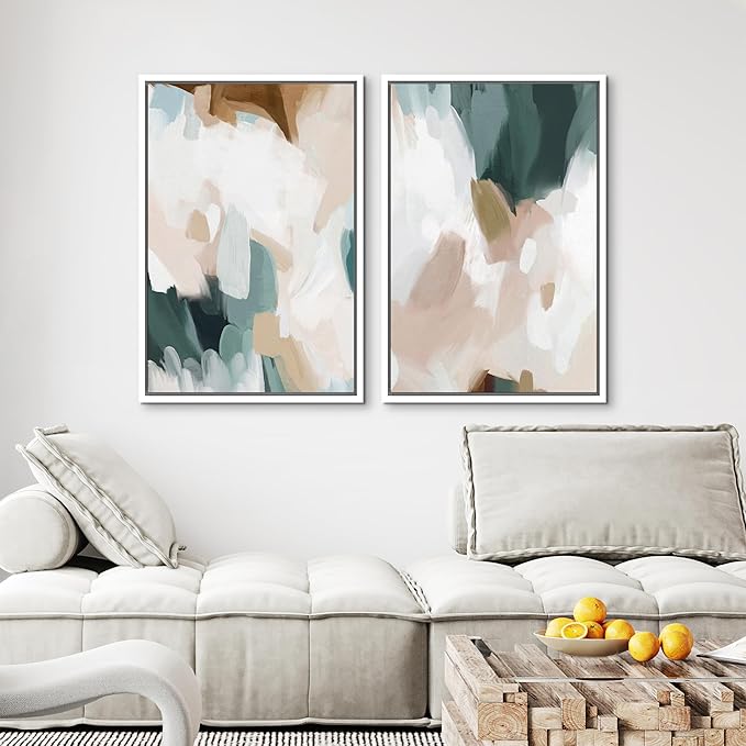 MUDECOR Framed Canvas Print Wall Art Watercolor Pastel White Blue Pattern Abstract Illustrations Modern Art Decorative Bohemian Colorful Chic for Living Room, Bedroom, Office - 16"x24"x2 White