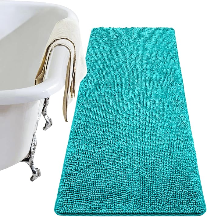 LOCHAS Luxury Bathroom Rug Shaggy Bath Mat 24 x 60 Inch, Washable Non Slip Bath Rugs for Bathroom Shower, Soft Plush Chenille Absorbent Carpets Mats, Teal Blue