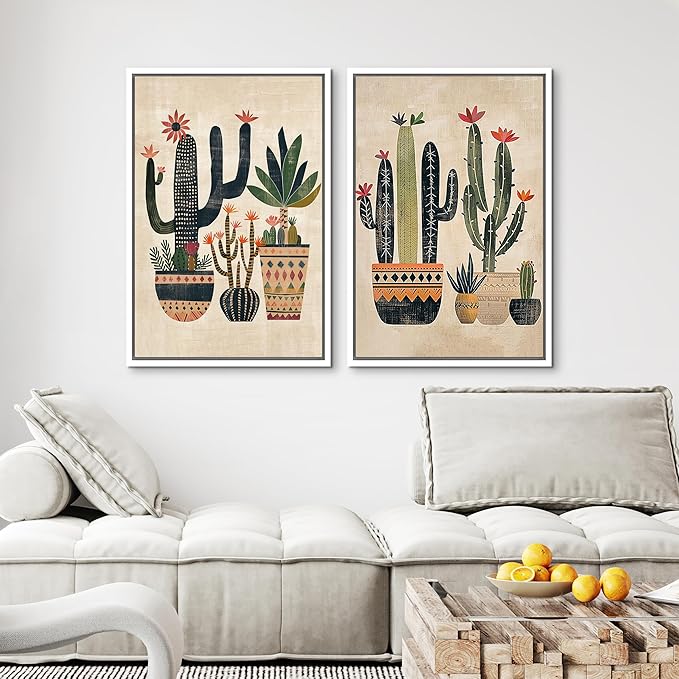 MUDECOR Framed Canvas Print Wall Art Set Mexican Cactus Tropical Botanical llustrations Modern Art Decorative Bohemian Calm/Zen for Living Room, Bedroom, Office - 24"x36"x2 White