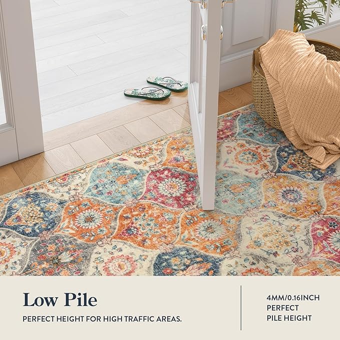 Lahome Moroccan Washable Runner Rug 2x10, Kitchen Runners for Hallways Rubber Backing Ultra-Thin Vintage Hallway Rug Non-Slip Stair Carpet for Entryway Bedroom Laundry Room, Cream/Multi