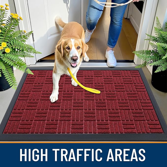 OLANLY Front Door Mat Outside Entrance 29.5x17, Absorbent, Heavy Duty Sturdy Natural Rubber Doormat Indoor Outdoor, Non-Slip, Stain and Fade Resistant, Low Profile Floor Mat for Entryway, Black Red