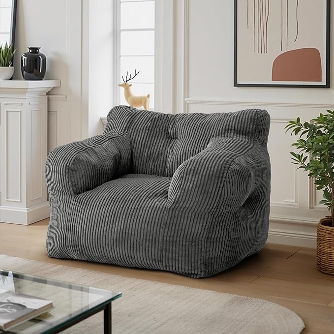 32" Bean Bag Chair,Loveseat Sofa,Corduroy Lazy Sofa Bed for Adults,Fit Living Room, Bedroom,Outdoor Spaces,Ultra Soft Dutch Velvet,Fluffy Comfort Washable Cover,72h Rebound,Grey