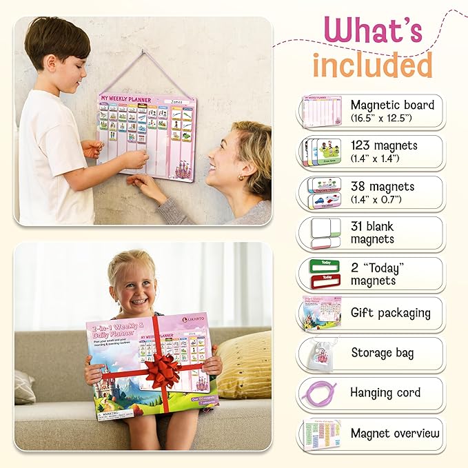 Visual Schedule for Kids - 2-in-1 Weekly + Daily Schedule - Magnetic Schedule with 194 Magnets and Magnetic Backing - Chore Chart Kids - Routine Chart for Toddlers, Autism, ADHD - Pink