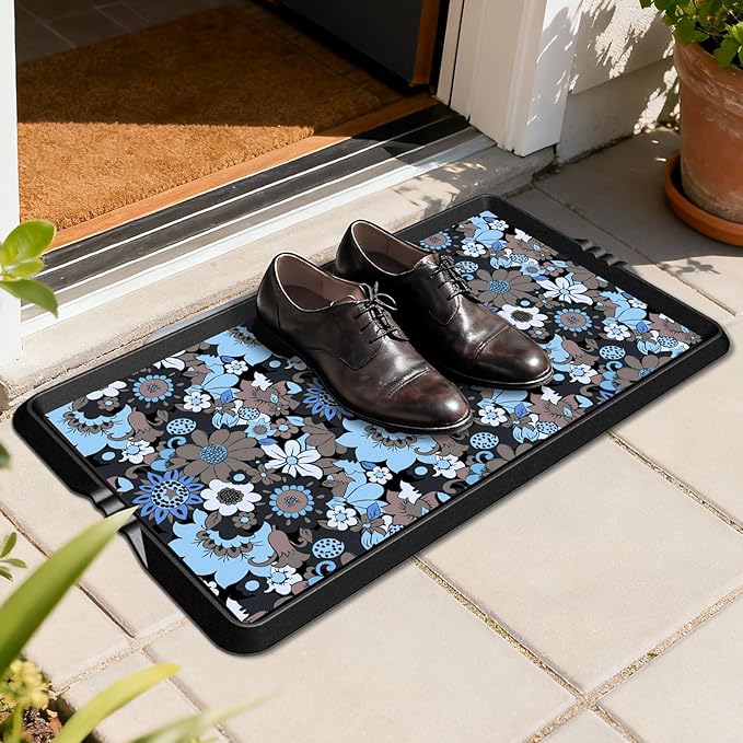 BEHERO Boot Tray Shoe Mat Decorative Patterned, Rubber Shoe Matt Tray Indoor/Outdoor Use, 16" x27.5" Shoe Cleaning Mat Non-Slip, Shoe Storage Waterproof Flower Prints for Entryway, Velvet Bloom