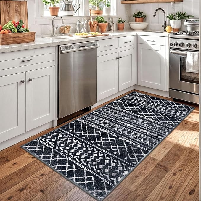 KUTA Boho Moroccan 3x5 Entryway Rug, Black Non-Slip Washable Low-Pile Living Room Area Rug, Ultra Soft Distressed Geometric Print Throw Carpet for Entrance, Bedroom, Nursery, Dorm, Kitchen