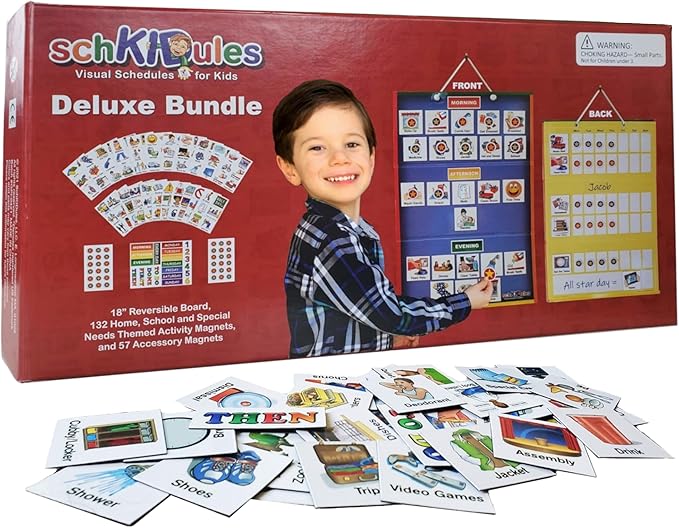 SchKIDules Deluxe Magnetic Visual Schedule & Reward Chart w/189 Colorful Magnets & Reversible 18” Folding Board for Daily Routines, Chores, Behavioral Supports, Kids Calendar, ADHD & Autism Icons