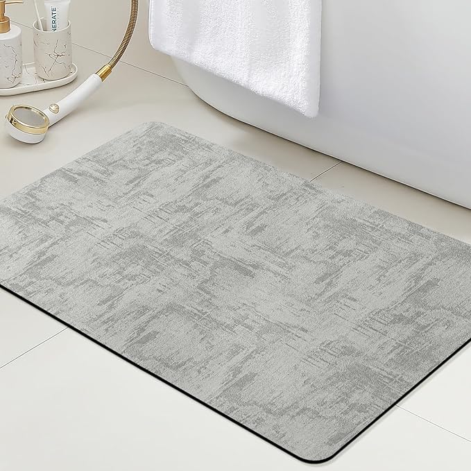 Ultra Thin Bath Mat, Upgrade Backing Non Slip Thin Bath Mats Fit Under Door, Quick Dry Ultra Absorbent Bathroom Rugs, Machine Washable Bath Rugs for Bathroom, Bathtub, Light Gray/Marble/24"x17"
