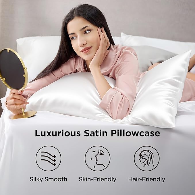 Bedsure Satin Pillowcase 2 Pack Similar to Silk Pillow Cases Standard Size, Pillow Case for Sleeping Women with Envelope Closure, Gifts for Women Men, Pure White, 20x26 Inches, 2pcs