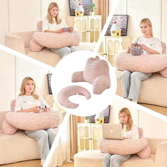 Back Pillow for Bed Sitting Up,U Shaped & Back Support Pillow for Bed,19" Backrest with Lumbar & Arm Support,Comfy Corduroy Fabric,Lap Pillow for Gaming/Reading/Watching TV,Pink