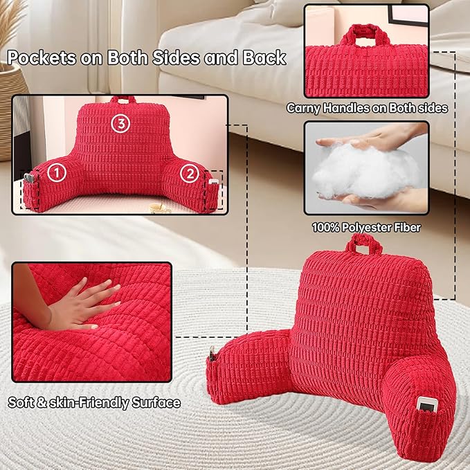 Reading Pillow for Sitting in Bed, Large Backrest Reading Pillow with Arm Rest,Back-Rest Support Cushion for Sit Up on Couch, Sofa, and Floor, Dorm Essentials (Red Corduroy, Standard(17"))