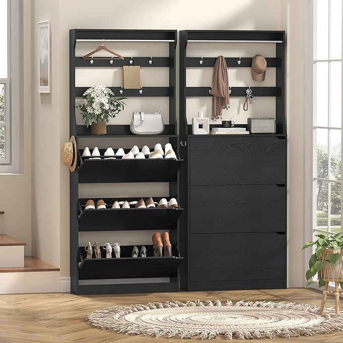 Tall Shoe Cabinet with Coat Rack, Hidden Shoe Storage Cabinet with Doors & Drawer, Hanging Bar & Hooks, Slim Narrow Freestanding Shoe Rack Organizer for Entryway, Hallway & Living Room, Black