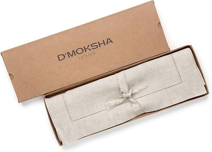 D'Moksha Homes Linen Light Natural Table Runner 72 Inches Long - 100% Pure Linen Hemstitch Table Runner 14 x 72 Inch for Dresser, Dining, Valentines, Spring, Easter - Classic Hemstitch