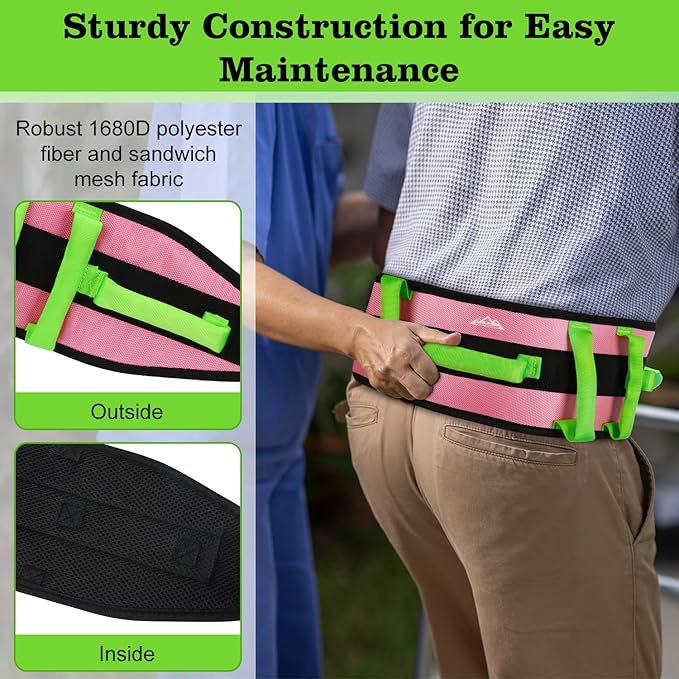 supregear Gait Belt - Anti-Slip Transfer Aid with 7 Handles and Quick-Release Buckle, Perfect for Senior Care, Pink