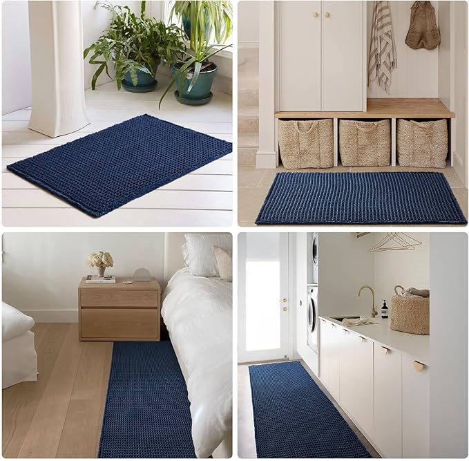 Waffle Bath Mat, Boho Bathroom Rugs Non Slip Washable Super Absorbent Quick Dry Bath Mat Farmhouse Bathroom Decor, 24"x16" Navy Blue