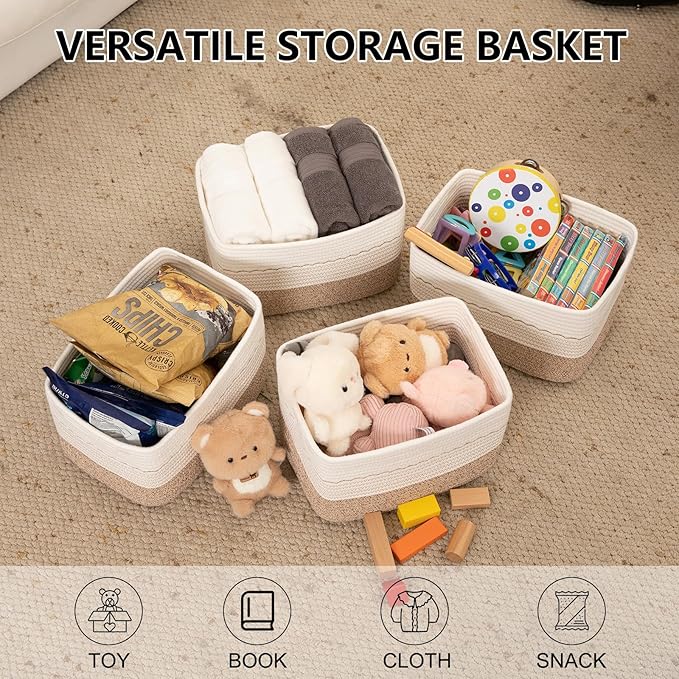 4 Pack Storage Baskets for Organizing, 13"X9"X7.87", Decorative Cotton Rope Baskets with Wave-Patterned Embroidery for Shelves, Small Woven Basket for Toys, Books and Towels, Brown & White