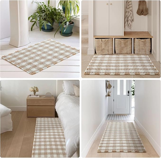 Waffle Bath Mat, Boho Bathroom Rugs Non Slip Washable Absorbent Checkered Bathroom Mat Quick Dry Farmhouse Bathroom Decor, 30"x20" Khaki and White