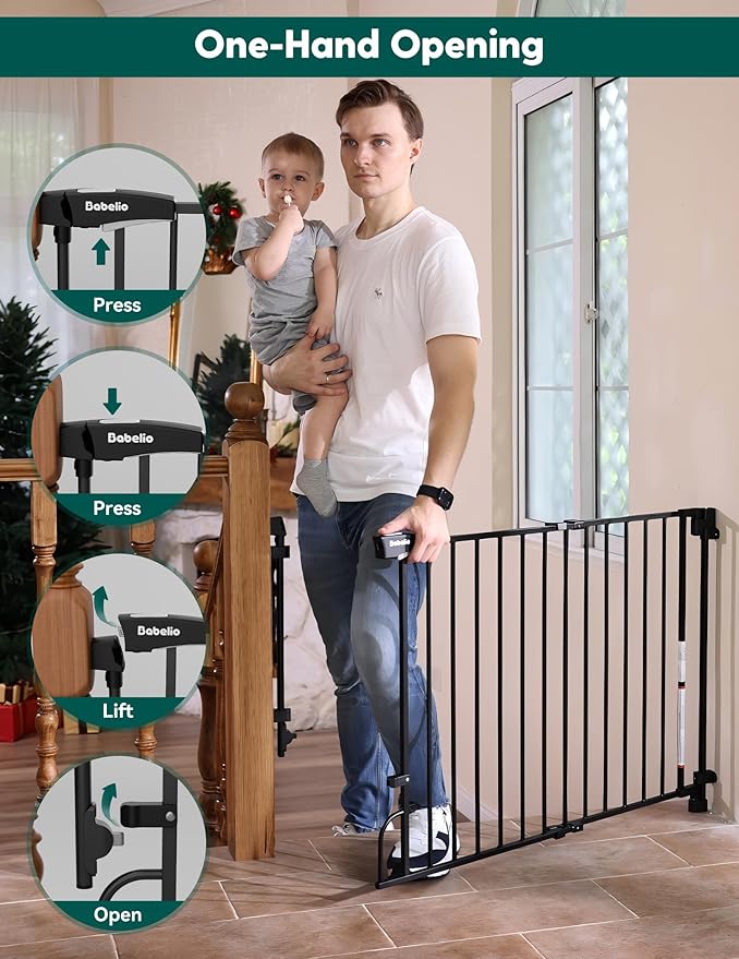 Babelio Easy to Remove & No Bottom Bar Baby Gate, 35.5-55" Extra Wide Hardware Mounted (Drill Needed)| Wide Walk-Thru| Auto-Close Safety Dog/Pet Gate for Stairs & Doorways (Black, 35.5-55" W, 30" H)