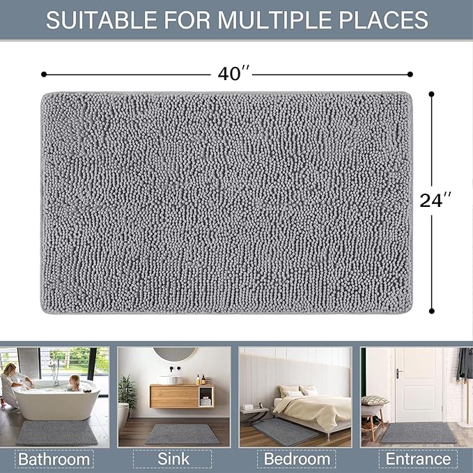 LOCHAS Luxury Bathroom Rug Shaggy Bath Mat 24 x 40 Inch, Washable Non Slip Bath Rugs for Bathroom Shower, Soft Plush Chenille Absorbent Carpets Mats, Gray