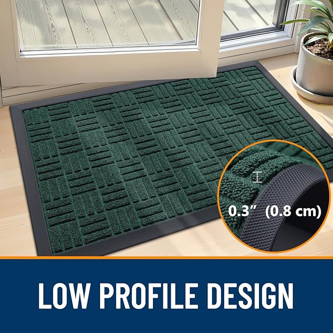 OLANLY Front Door Mat Outside Entrance 47x17, Absorbent, Heavy Duty Sturdy Natural Rubber Doormat Indoor Outdoor, Non-Slip, Stain and Fade Resistant, Low Profile Floor Mat for Entryway, Black Green