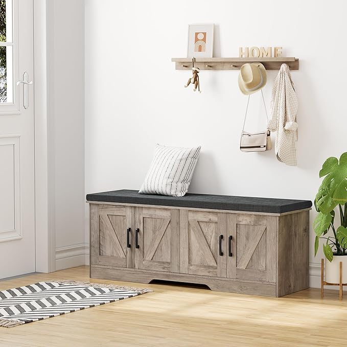 2-Tier Storage Bench, 47.2" Wide Shoe Bench with Padded Seat Cushion, Entryway Bench with 4 Barn Doors and Adjustable Shelf, Greige