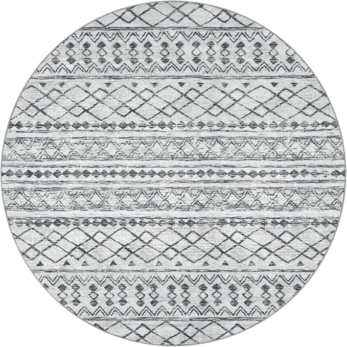 KUTA Boho Round Washable Rugs 5Ft Grey Moroccan Circle Area Rug Non-Slip Soft Distressed Geometric Carpet for Living Room Bedroom Low-Pile Entry Throw for Nursery Dorm Decor