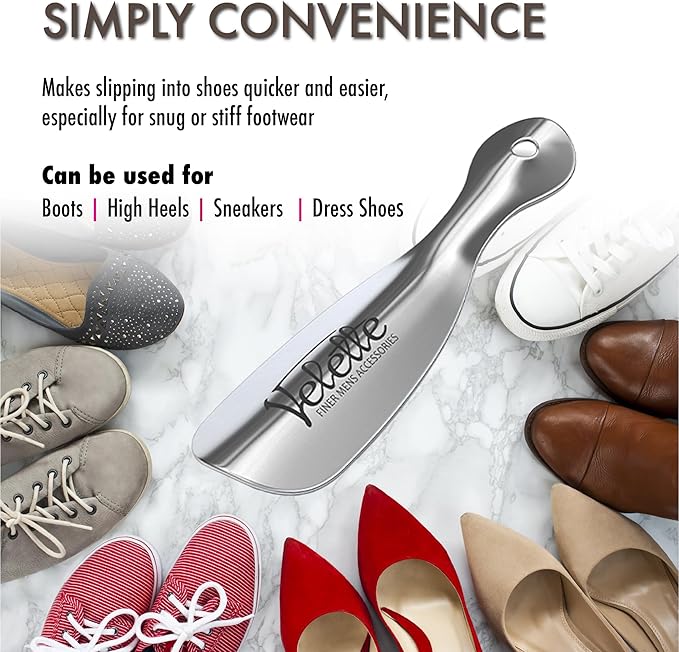 Velette 3-Pack Metal Shoehorn - 2 Set 7.5" Long Shoe Horn,1 Set 4" Travel Shoe Horn for Kids, Men & Women - Shoes Helper, Spoon, Travel Size Shoehorn for Boots, Shoes, Sneakers, Heels and More