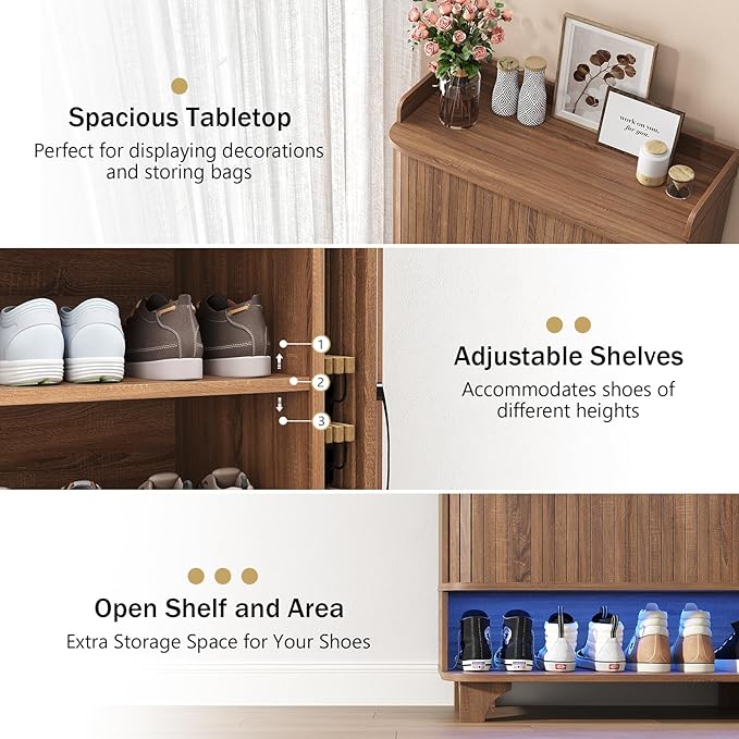 Maupvit 6-Tier Shoe Cabinet with Fluted Sliding Tambour Doors, Entryway Shoe Storage Cabinet with Led Light & Open Storage, 4 Adjustable Shelf, Shoes Rack Organizer for Entryway, Hallway, Living Room
