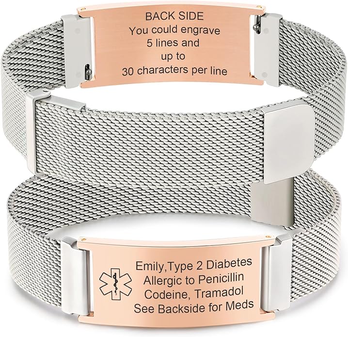 VNOX Medical Alert Id Bracelet for Men Women, Custom Engraving Adjustable Stainless Steel Customizable Mesh Emergency Survival Medic Bracelets Wristband Loop Band with Replacement Tag