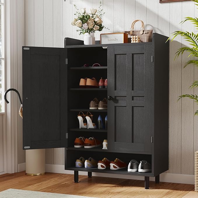 Entryway Shoe Cabinet with Doors, 6-Tier Farmhouse Shoes Storage Organizer with Adjustable Shelves Holds 18-25 Pairs and Metal Legs, Entryway Cabinet Organizer, Living Room (Black)