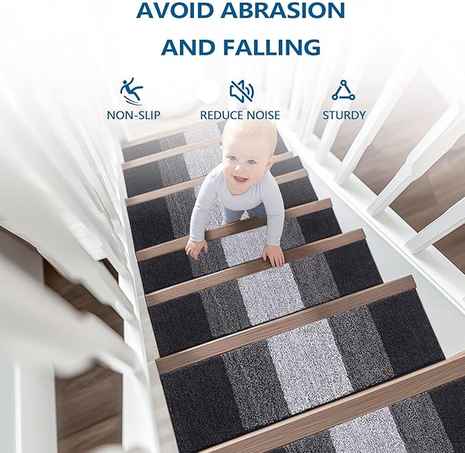 OLANLY Stair Treads Non Slip 15PCS, 8" x 30" Indoor Stair Runners for Wooden Steps, Edging Stair Rugs with Reusable Peel and Stick Adhesive for Kids Elders and Pets, Black