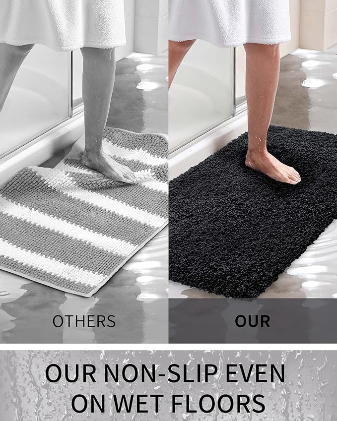 Bathroom Rugs 48x24, Ultra Thick Shaggy Soft Microfiber Absorbent Bath Rug, High Density Foam Latex Non Slip Backing, Machine Washable Bath Mats for Bathroom Floor & Sink, Black